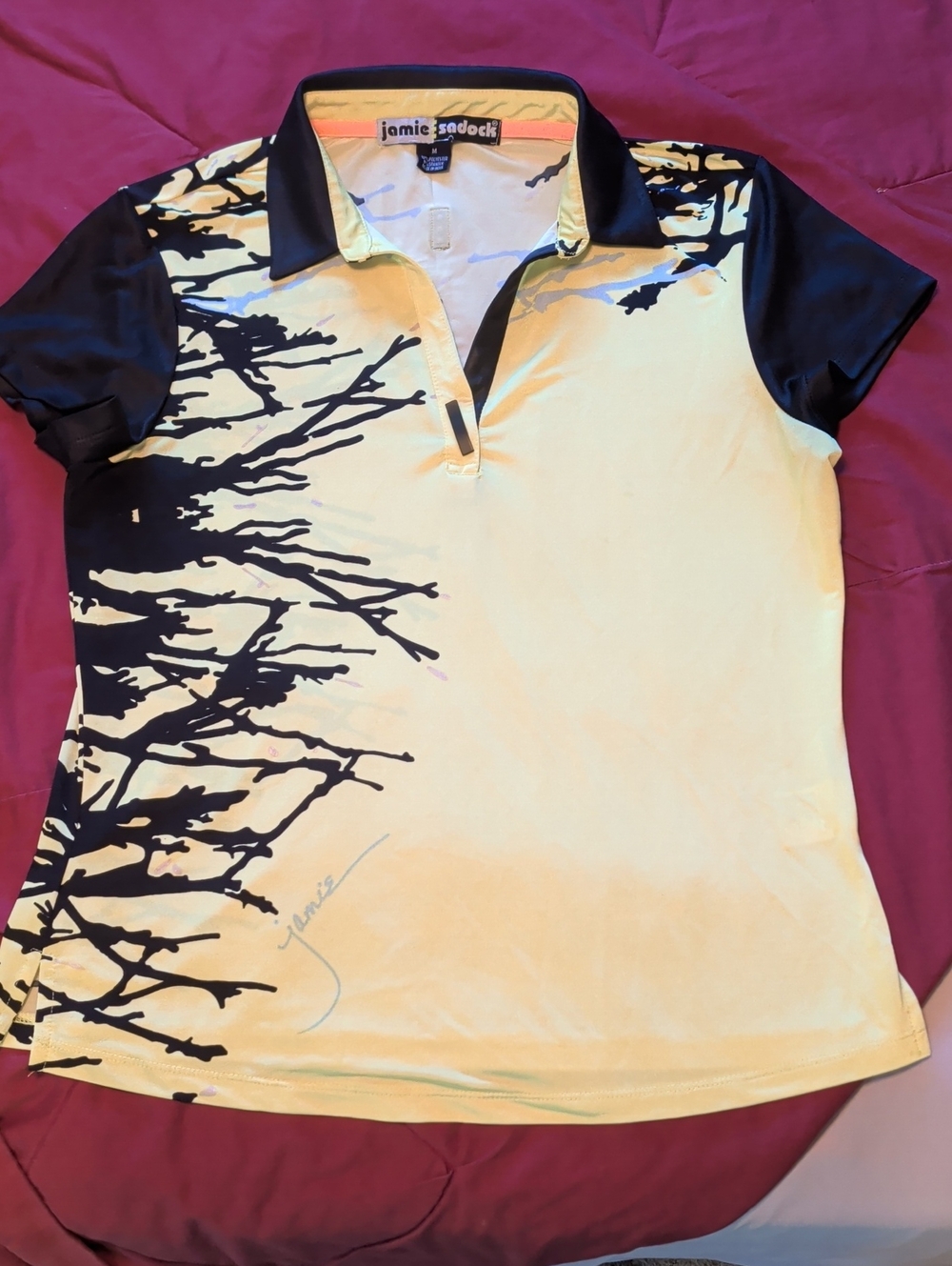 jamie sadock Yellow and Black Short-Sleeve Polo Top with Branch Print